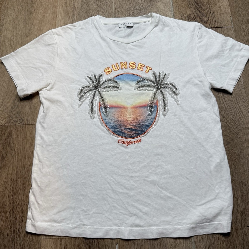 Sandro Paris White Cali Embellished Crew Short Sleeve Cotton Jersey T-Shirt M